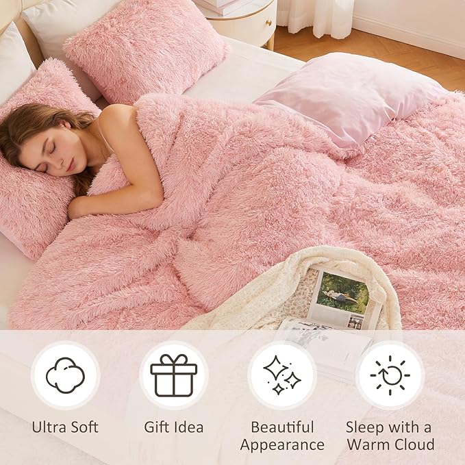 EMME Luxury Fuzzy Duvet Cover Set King Size Fluffy Comforter Cover Set for King Bed Shaggy and Plush Soft Bedding Duvet Covers (Pink, King)