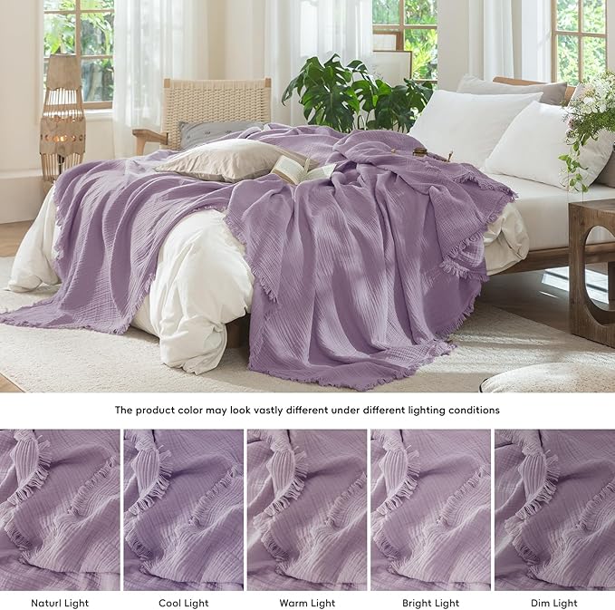MooMee Muslin Blanket - 100% Cotton 4-Layer Gauze Throw Blanket with Tassels Ultra-Soft Breathable Lightweight Cooling for Bed Couch (Light Purple, Queen 90" x 90")