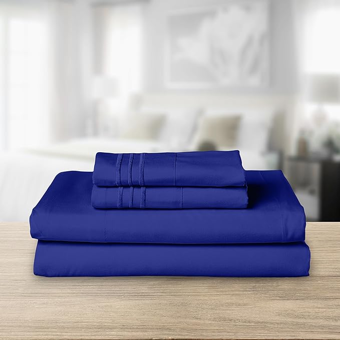 Elegant Comfort Luxurious 1500 Premium Hotel Quality Microfiber Three Line Embroidered Softest 4-Piece Bed Sheet Set, Wrinkle and Fade Resistant, Twin/Twin XL, Royal Blue