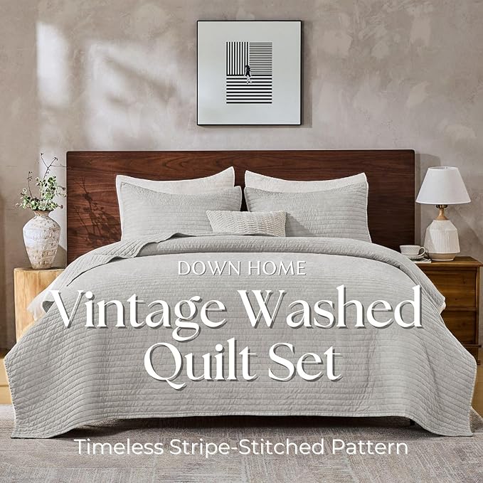 DOWN HOME King Quilt Bedding Set with Shams, Vintage Washed Soft Quilted Blanket Thin Comforter Lightweight Bedspread Coverlet Bed Cover, Brushed Microfiber Stripe Stitching, Light Gray, 104"x90"