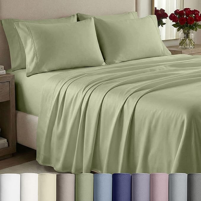 California Design Den Thick and Natural 100% Cotton Bed Sheets King Size Set - 1000 Thread Count Sateen Sheet & Pillowcase Sets, Deep Pockets, Durable Bedding - Sage Green