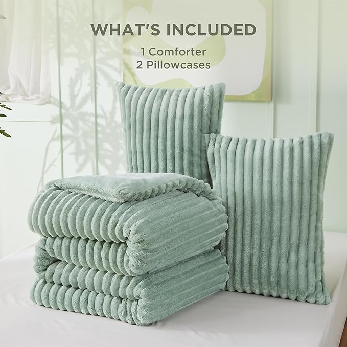 Bedsure Queen Comforter Set - GentleSoft™ 3 Pieces Fluffy Double-Side Fleece Comforter Set, Cozy Striped Room Decor Aesthetic, Luxury Sage Green Bedding Queen Size with 2 Pillowcases, 90x90 Inches