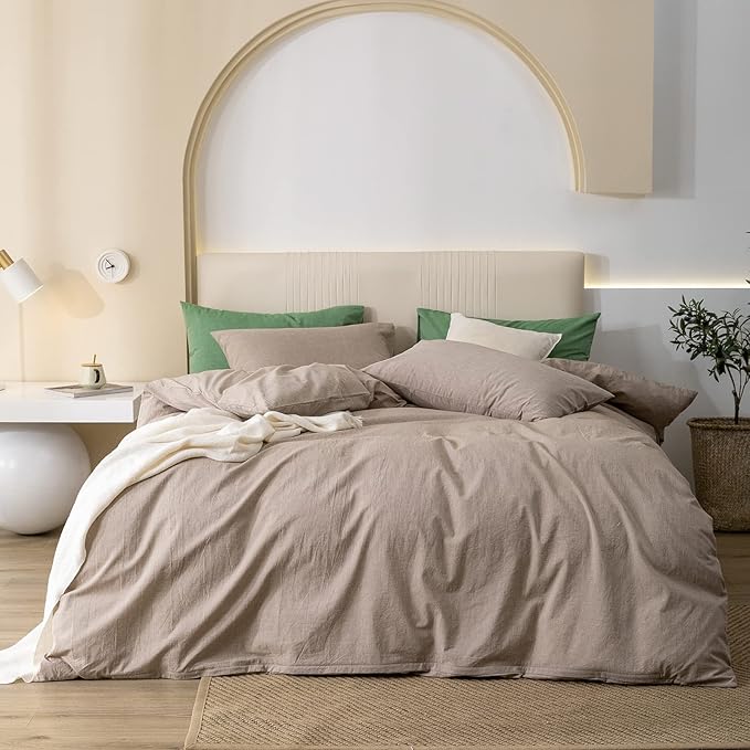 JIYUAN 100% Washed Cotton Duvet Cover Set Comfy Simple Style Soft Breathable Textured Durable Linen Feel Bedding for All Seasons Queen, Taupe