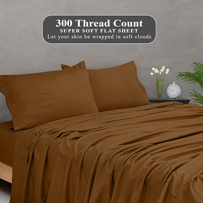 Royale Linens 300 Thread Count 100% Long Staple Combed Cotton Flat Sheet - Super Soft - Top Sheets - King Flat Sheet Sold Separately - Breathable, Cool & Crisp Percale Sheets Only (King, Chocolate)