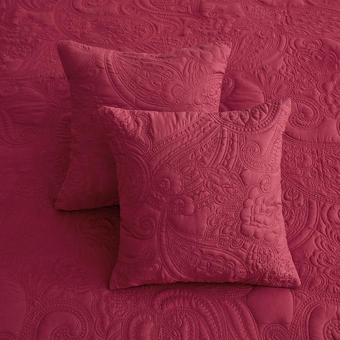Oversized King Bedspread 128x120 Extra Wide, Paisley Pattern Design, Lightweight Bedding Cover, Reversible, 5 Piece, 100% Microfiber, Wine Red