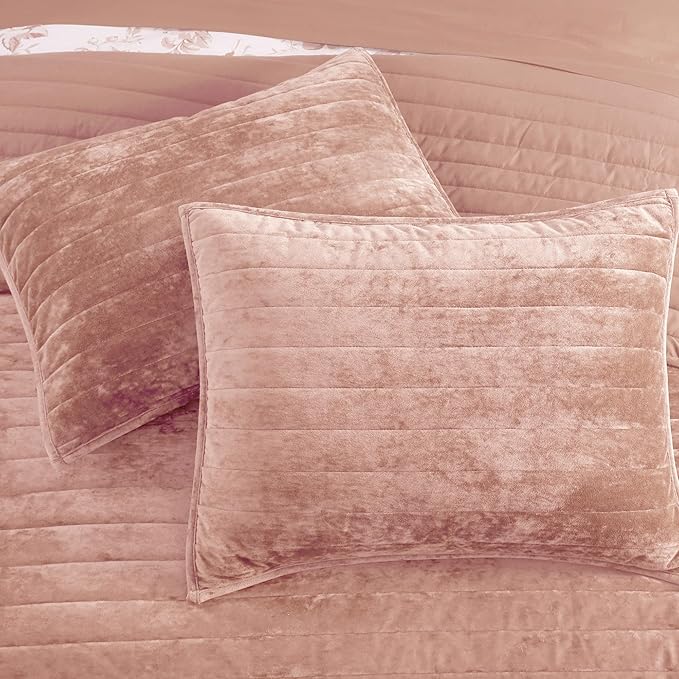 WRENSONGE Velvet Queen Quilt Set-3 Pieces Clay Pink Luxurious Velvet Striped Channel Comforter with 2 Shams, Soft Bedspread Coverlet Quilted Bedding Set for All Season
