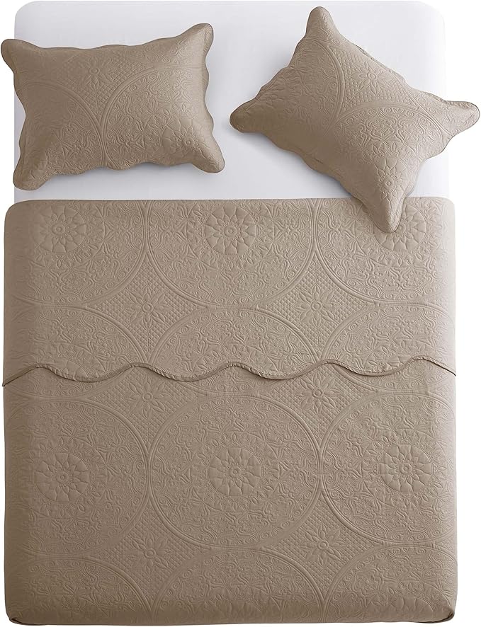 IR Imperial Rooms Queen Quilt Bedding Set Size (90" x 96") + 2 Pillow Shams (20" x 26"+ 2") - 3 Pcs All Season Lightweight Reversible Microfiber Coverlet Floral Embossed Quilt Bedspread (Beige)