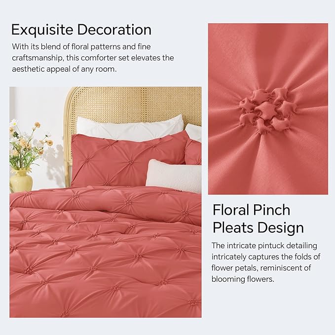 BEDELITE Coral King Size Comforter Set - 3 Pieces Boho Pintuck Bedding Comforter Sets, Lightweight Soft & Warm King Bedding Set with 2 Pillowcases for All Season
