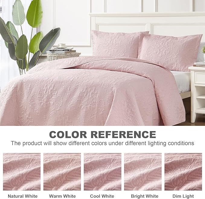 Hansleep Pink Quilt Queen Size - Damask Ultrasonic Summer Bedspread Queen, Soft Lightweight Coverlet Bedding Set, 3 Pieces (1 Quilt, 2 Pillow Shams)