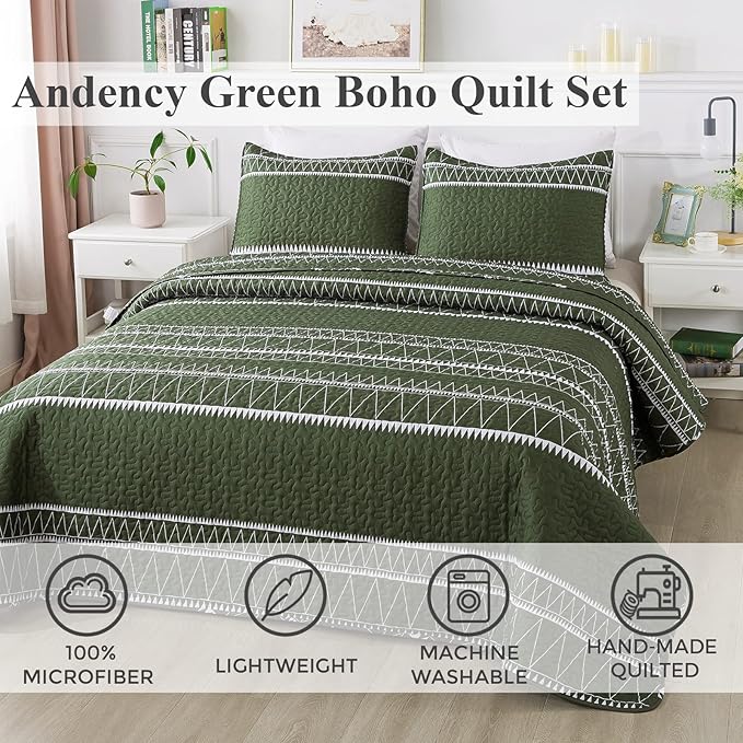 Andency Green Quilts Queen Size, 3 Pieces Queen Quilt Bedding Set Boho Lightweight Soft Striped Bedspread for All Season (90"x96"), Printed Bohemian Microfiber Reversible Coverlet Comoforter Sets