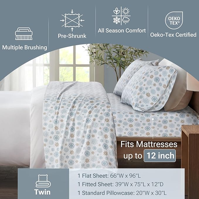 True North by Sleep Philosophy Cozy Flannel Warm 100% Cotton Sheet - Novelty Print Animals Stars Cute Ultra Soft Cold Weather Bedding Set, Twin, Tan/Blue Snowflakes 3 Piece