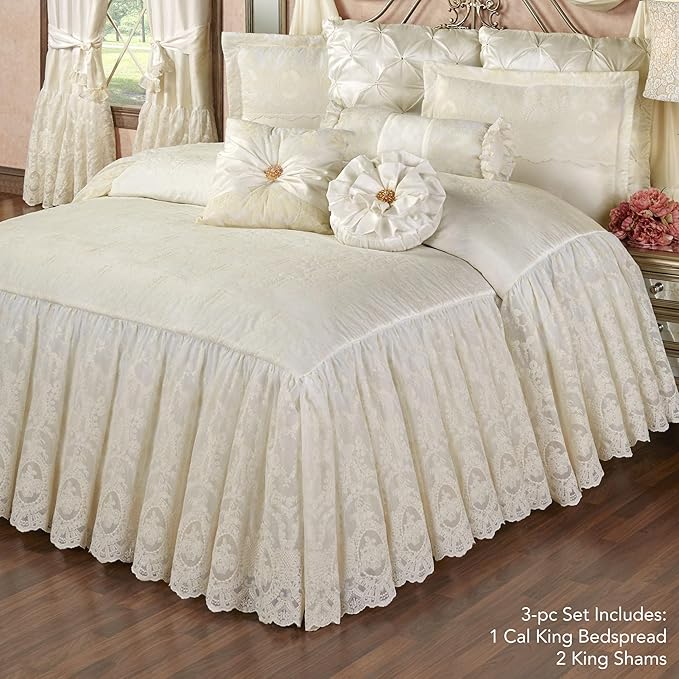 Cameo Lace Luxury Washable Polyester Bedding Set | Vintage Elegant | Pearl | Scroll Leaf Floral Cameo Quilting Embroidered | Set of Three: Cal King Bedspread and Two King Shams