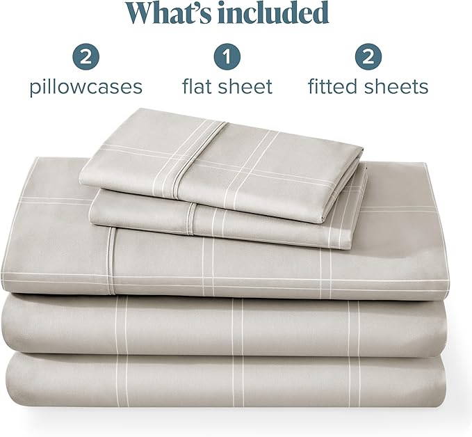 Bare Home Split King Sheet Set - 1800 Ultra-Soft Microfiber Double Brushed - Deep Pockets - Easy Fit - 5 Piece Set - Bed Sheets (Split King, Modern Plaid - Stone/White)