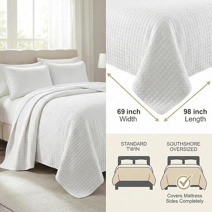 Southshore Fine Living, Inc. XL Twin Quilt Set, Microfiber Quilted Bedspread, Twin Bedding Coverlet Set with Pillow Sham, Wrinkle-Free, Stain & Pet Hair Resistant Bedding, Bright White Quilt