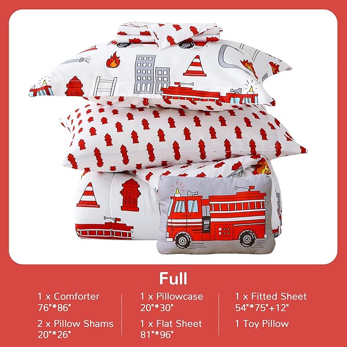 Mooreeke Kids Full Comforter Sets for Boys 8 Pieces Fire Truck White Bedding Set for Teens Soft Microfiber Kids Bed in A Bag with Comforter, Sheet Set, Shams and Decorative Toy Pillow All Season