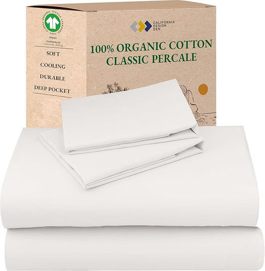 California Design Den Cal King Sheet Set - Soft 100% Organic Cotton Percale Sheets with Deep Pockets, Crisp, Breathable and Durable Bedding Set - True Ivory