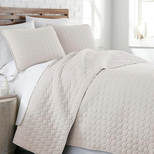 Southshore Fine Living, Inc. Quilted Summer Comforter, King Size Quilt Bedding Set with 2 Pillow Shams, Geometric Circle Design, Lightweight Bedspread, California/King Size Coverlet, Comfy Soft, Bone