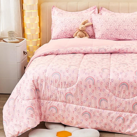 Viviland Kids Twin Bedding Sets for Girls, Soft Twin Comforter Set with Sheets, 5 Pieces Microfiber Bed in a Bag, Pink Heart Rainbow