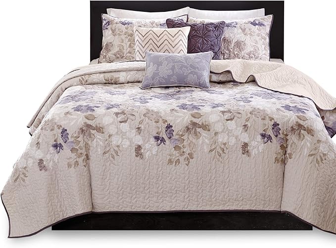 Madison Park Luna Quilt Modern Classic Design All Season, Breathable Coverlet Lightweight Bedding Set, Matching Shams, Decorative Pillow, King/Cal King(104"x94"), Floral Taupe 6 Piece