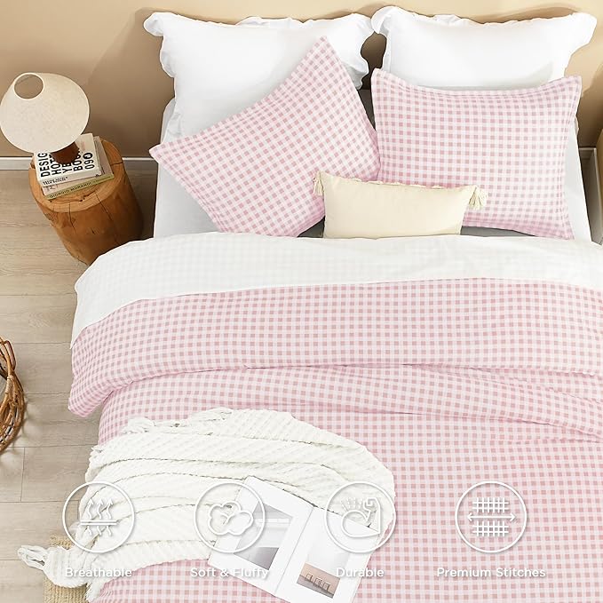 Andency Pink Gingham Comforter Set Twin(66x90Inch), Blush Checkered Grid Plaid Buffalo Bed Set for Girls Boys Kids Teens, 2 Pieces Lightweight Microfiber Geometric Preppy Bedding