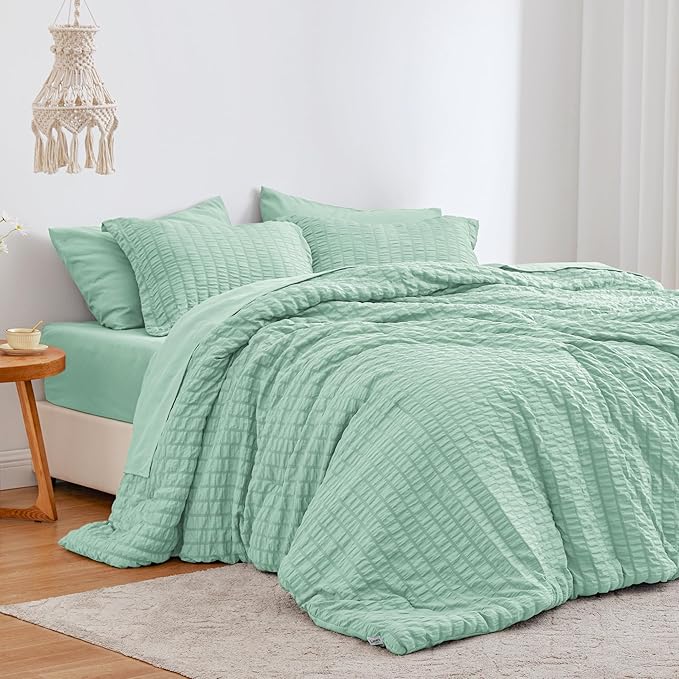 Love's cabin Seersucker Light Green Twin Comforter Set, 5-Piece All Season Lightweight Bed in a Bag Bedding Set with Comforter, Flat Sheet, Fitted Sheet, Pillowcase and Sham | Soft, Breathable, Lightweight
