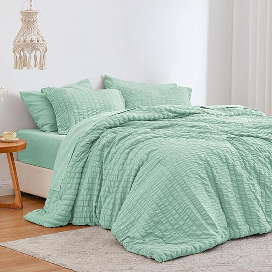 Love's cabin Seersucker Light Green Twin Comforter Set, 5-Piece All Season Lightweight Bed in a Bag Bedding Set with Comforter, Flat Sheet, Fitted Sheet, Pillowcase and Sham | Soft, Breathable, Lightweight