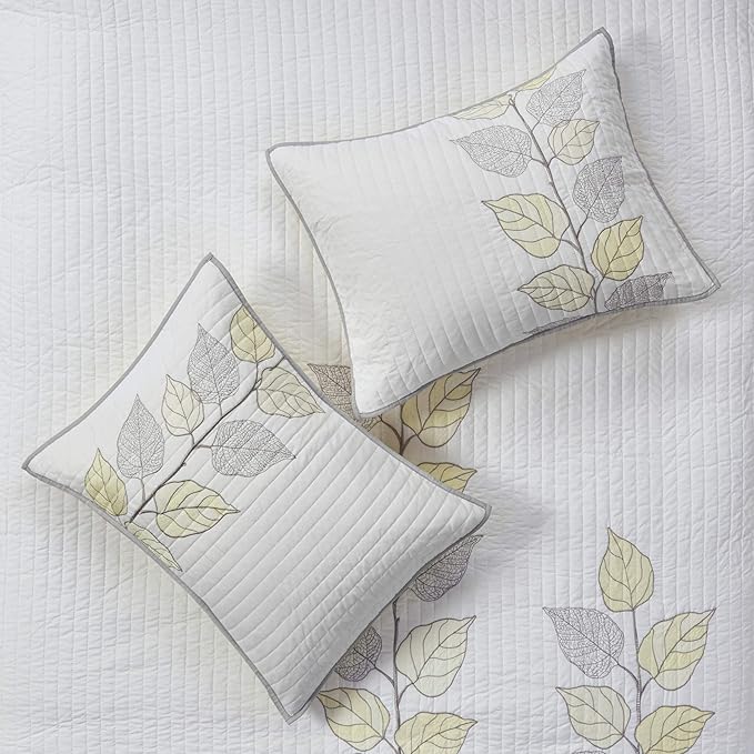 Madison Park Caelie Quilt Modern Classic Design All Season, Breathable Coverlet Lightweight Bedding Set, Matching Shams, Decorative Pillow, Full/Queen(90"x90"), Leaf Yellow 6 Piece