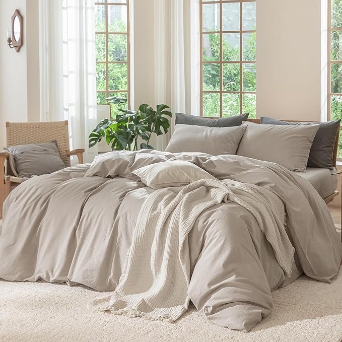 MooMee Bedding Duvet Cover Set 100% Washed Cotton Linen Like Textured Breathable Durable Soft Comfy (Solid Light Tan, Full 80"x90")