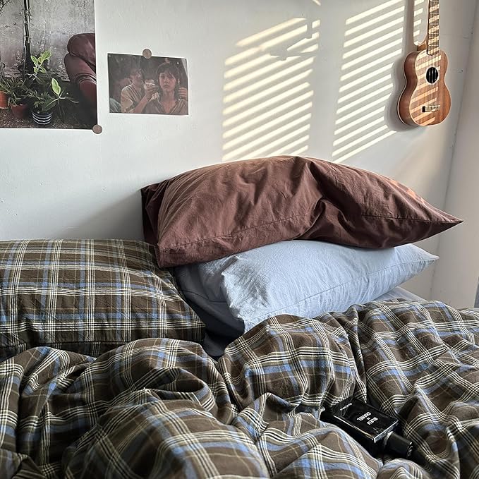 mixinni Vintage Brown & Blue Buffalo Plaid Duvet Cover Set King Size - 3 Piece Washed Cotton Bedding Set with Grid Pattern, Soft & Breathable Duvet Cover with Pillowcases for All Seasons