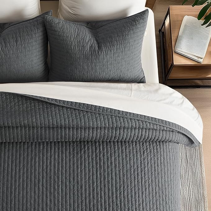 EVERGRACE Cross Stitch Pre-Washed Cotton Quilt Bedding Set Queen Size, Oversized 3 Pieces Lightweight Bedspread Coverlet for All Season, with 2 Matching Shams, Charcoal, 92"x96"