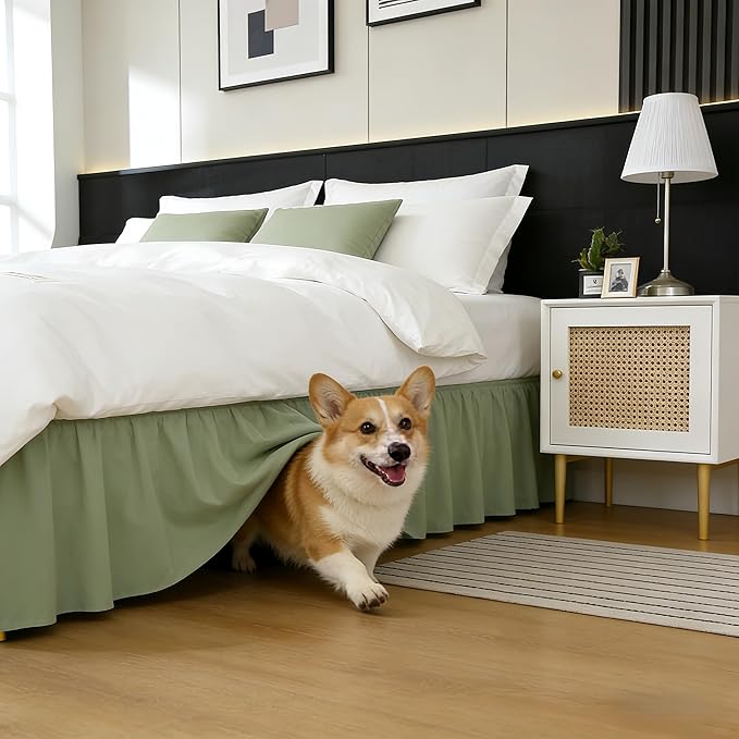 RIMELA Sage Green Bed Skirt Queen Size 15 Inch Drop, Elastic Bed Skirting for Bed Base and Frame, Bedding Dust Ruffle Easy to Install, Wrap Around Adjustable Bedskirt