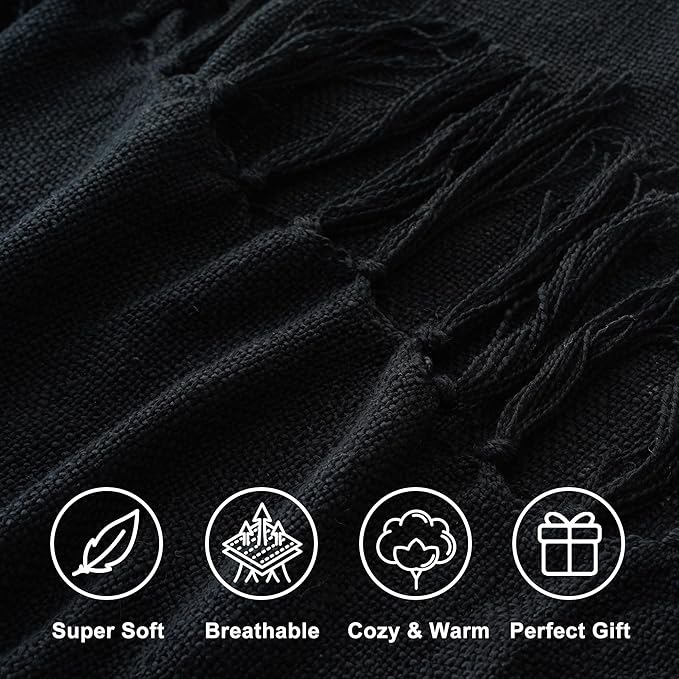 Battilo Black Solid Knit Throw Blanket for Couch and Bed, Soft Textured Plush Blanket, Cozy Lightweight Decorative Blanket for Sofa, 50"x60"