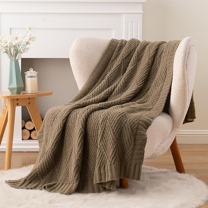 Battilo Khaki Diamond Knit Throw Blanket for Couch and Bed, Soft Textured Chenille Blanket, Cozy Lightweight Decorative Blanket for Sofa, 50"x60"