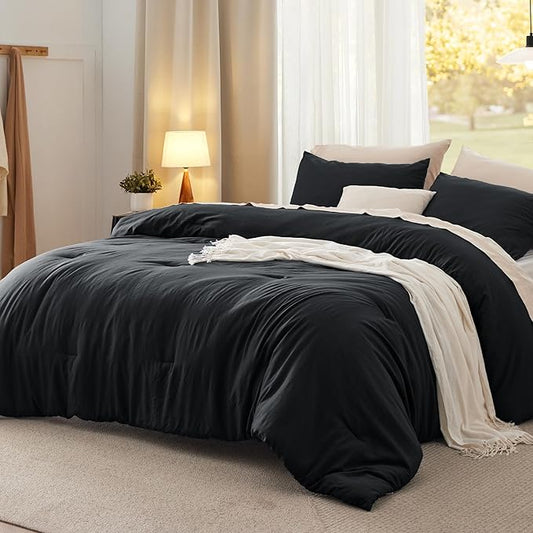 Bedsure California King Comforter Set, Black Soft Prewashed Bedding for All Seasons, 3 Pieces GentleSoft™ Bed Set, 1 Lightweight Comforter (104"x96") and 2 Pillowcases (20"x36")