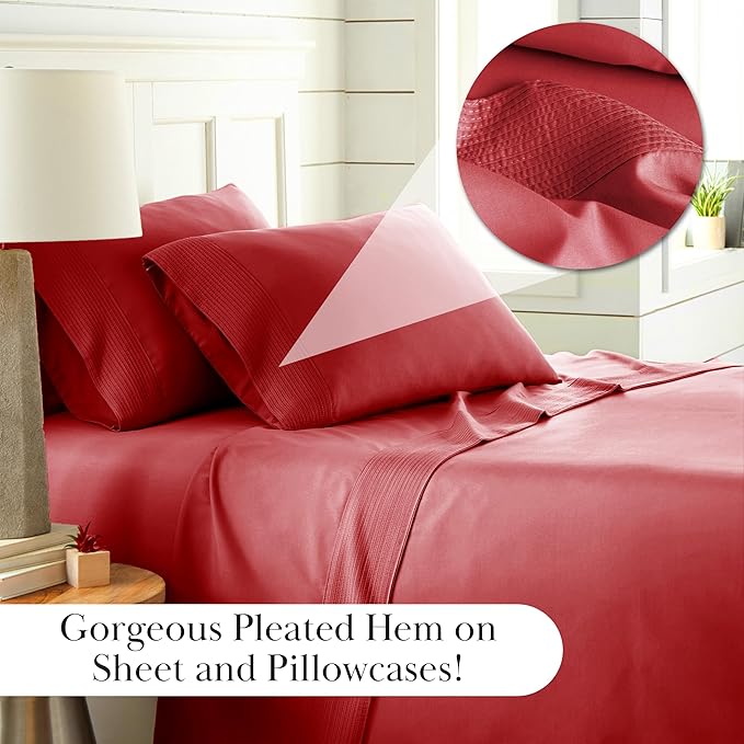 Southshore Fine Living, Inc. Pleated, 4-Piece King Size Sheets Set, 21-Inch Deep Pocket King Sheet Set, 1 Fitted Sheet, 1 Oversized Flat, 2 Red Pillow Cases, Chili Pepper Red Sheets