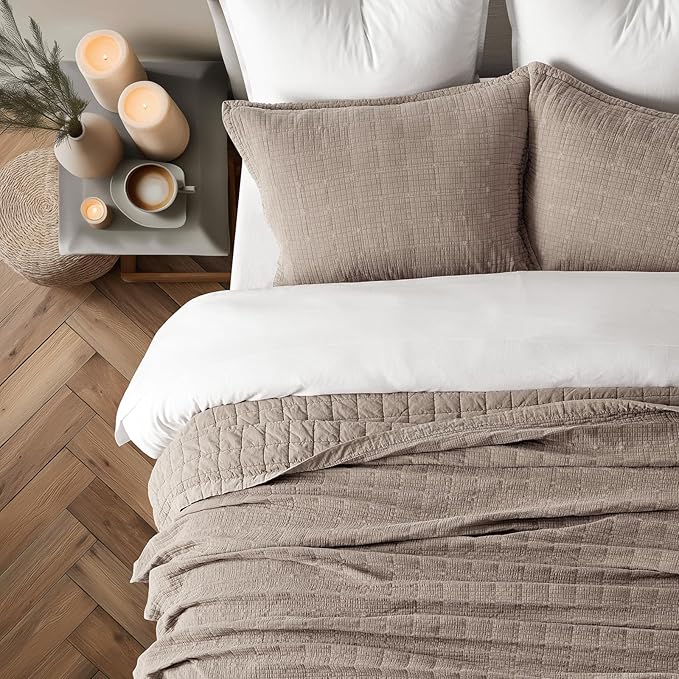 EVERGRACEHOME Stonewashed Cotton Quilt Set Queen Size, Ultra Soft Oversized Bedspread Coverlet Set, Lightweight Crinkle Box Stitch Bedding Sets for All Season, with 2 Shams, Truffle Taupe Brown