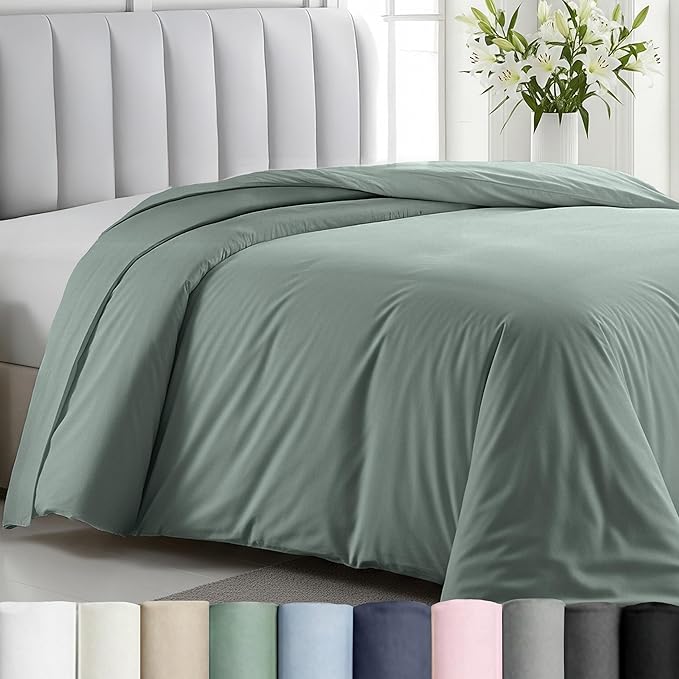 Full/Queen Size Duvet Cover Only - Natural 100% Cotton, Premium 400 Thread Count Queen Duvet Cover Cotton, Soft Sateen Weave, Button Closure and Corner Ties - Sage Green
