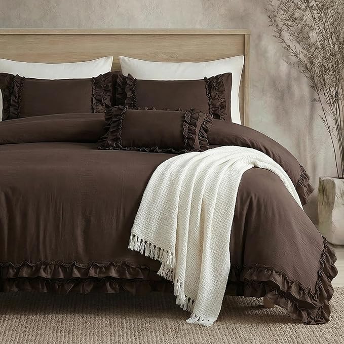 Dark Brown Duvet Cover Set Elegant Ruffled Bedding Twin Shabby Chic Lace Ruffle Boho Bedroom Decor Vintage Boho Style Chocolate Duvet Cover with Pillowcases