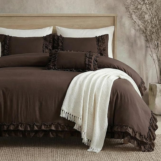 Dark Brown Duvet Cover Set Elegant Ruffled Bedding King Shabby Chic Lace Ruffle Boho Bedroom Decor Vintage Boho Style Chocolate Duvet Cover with Pillowcases