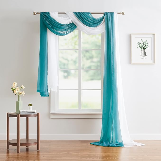 Warm Home Designs Double Window Scarves Bundle. Each White & Green Teal Window Scarf Valance is 55" x 288". Great for Teal Room Decor, as Canopy Bed Curtains or Draping Fabric. AS White & Teal 288"