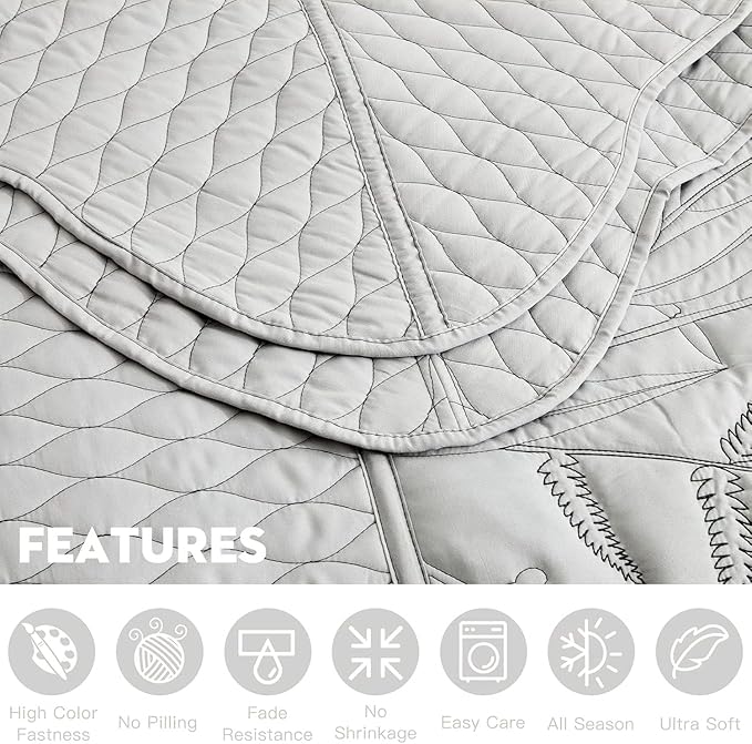 Botanical Bedspread Full Size - Leaves Pattern Stitching Quilt Set - Elegant & Fresh Style Bedding Coverlets, Reversible, Lightweight, 5 Piece, Grey