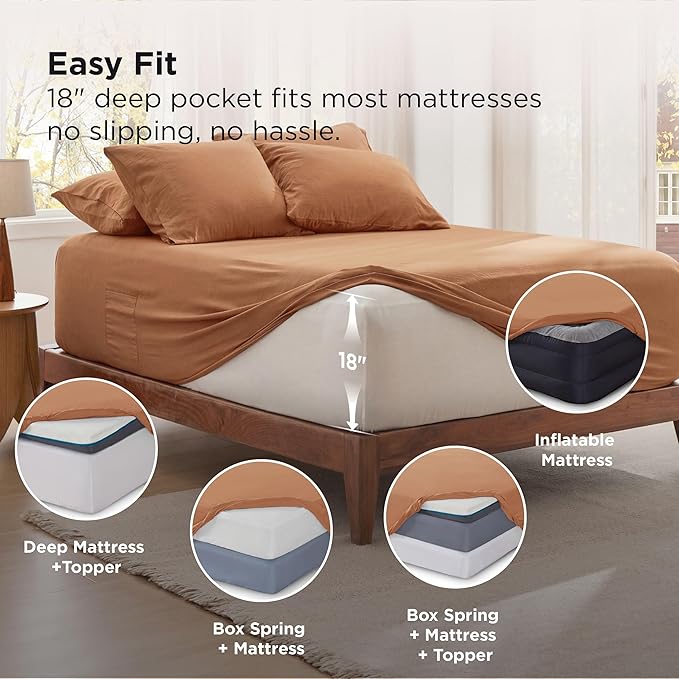 Bedsure Deep Pocket Queen Sheets - 6 Piece, Prewashed Ultra-Soft Queen Sheet Set, Fits Mattresses Up to 18 Inches Thick, Breathable & Secure Fit, Hotel Luxury Bedding, Burnt Orange