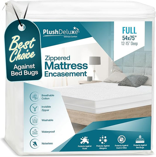PlushDeluxe Full Size Premium Mattress Encasement - Zippered Waterproof, Bedbug Proof Design, 6-Sided Protection - Hypoallergenic Cotton Terry Fabric 12-15" Depth