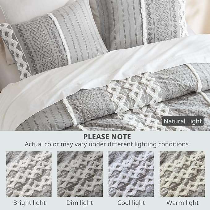 INK+IVY Imani 100% Cotton Duvet Mid Century Modern Design, All Season Comforter Cover Bedding Set, Matching Shams, Full/Queen, Gray Chenille Tufted Accent 3 Piece