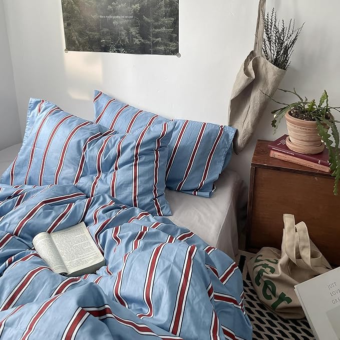 mixinni Vintage Striped Blue Duvet Cover Twin - 100% Cotton Red Stripes 3-Piece Bedding Duvet Cover Set with Zipper Closure, Soft & Breathable Retro Design for All Seasons (Twin Size)