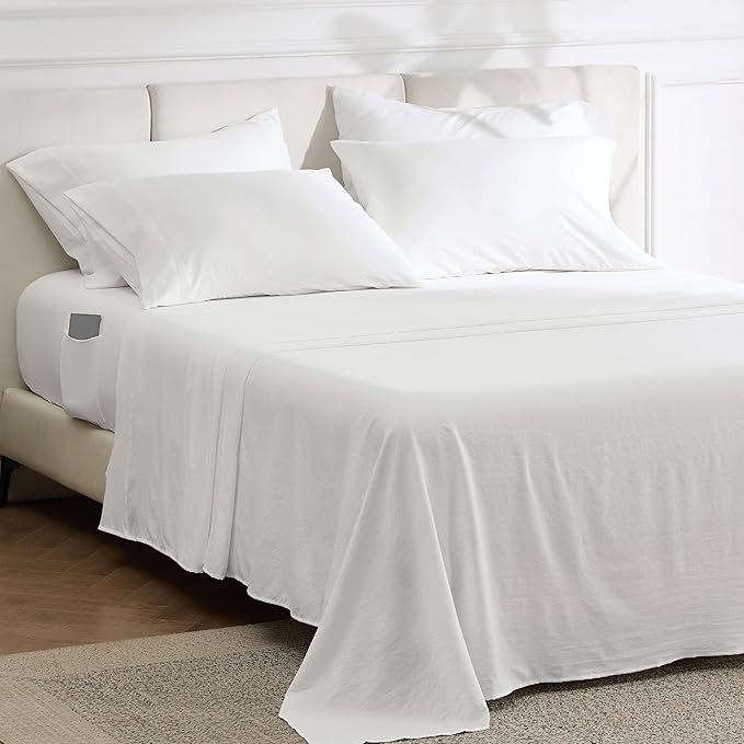 Bedsure Deep Pocket Queen Sheets - 6 Piece, Prewashed Ultra-Soft Queen Sheet Set, Fits Mattresses Up to 18 Inches Thick, Breathable & Secure Fit, Hotel Luxury Bedding, White