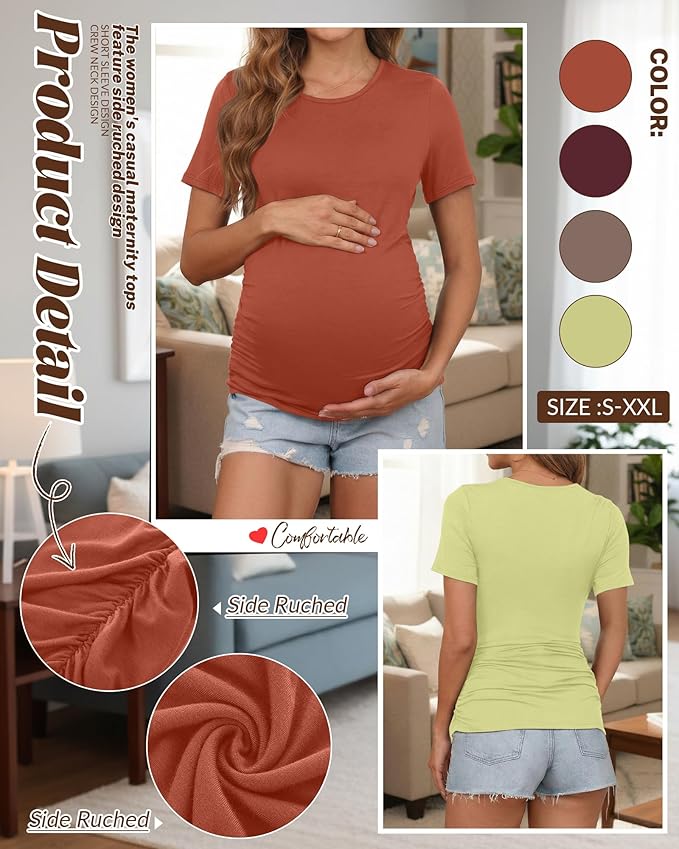 Huukeay 4 Pack Women's Maternity Shirts, Crew Neck Maternity Top Short Sleeve Casual Cotton Tee Side Ruched Pregnancy Clothes