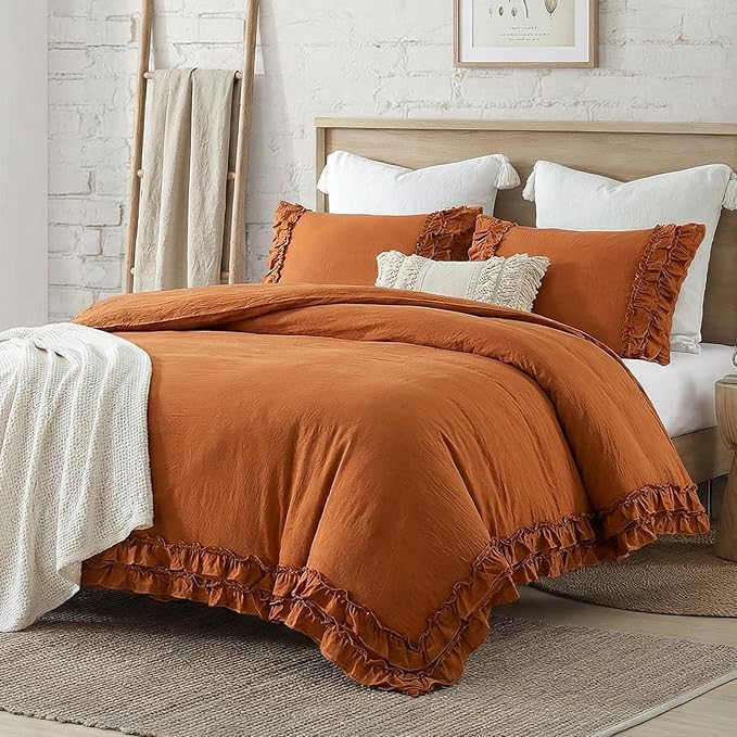 Bedorm Ruffled Twin Duvet Cover Burnt Orange Bedding Set Rust Lace Ruffle Boho Chic Bedroom Decor Super Soft Breathable Pumpkin Duvet Cover Set French Country Style