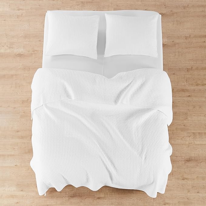 Levtex Home Cross Stitch Reversible Queen Bedspread Set (104x106in) with 2 Pillow Shams (26x20in) - Stitch Texture - Bright White - Cotton Queen Size Bedspread Set - Lightweight, Soft, Pre-Washed