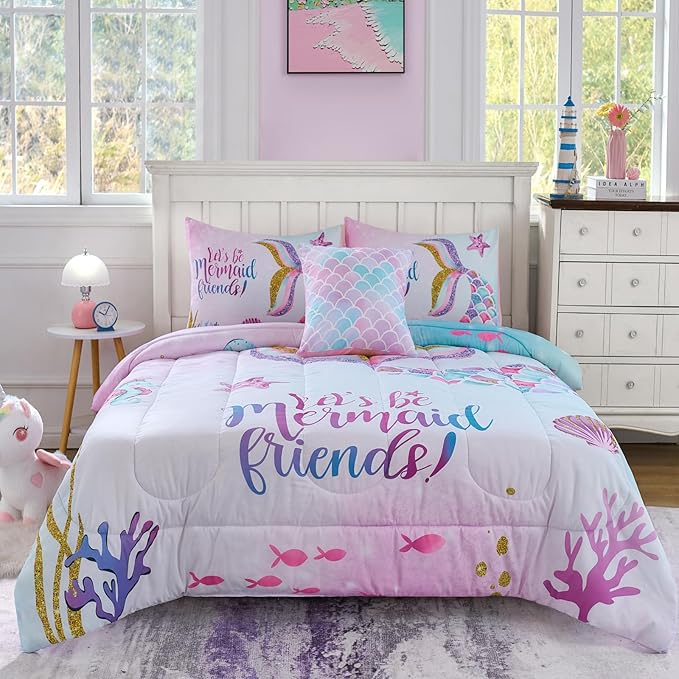 Cokouchyi Twin Size Comforter Set for Girls, 5-Piece Bed in a Bag, 3D Colorful Mermaid Bedding Comforter Sheet Set, Ultra Soft and Fluffy, Mermaid